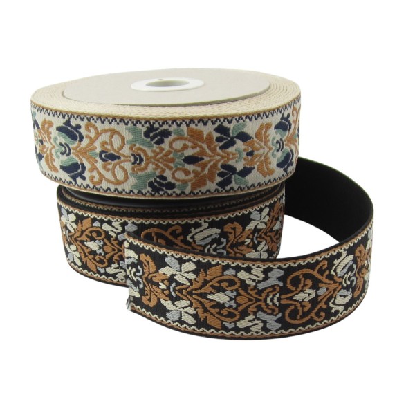 Gurtband mit floralem Muster mit einfarbiger Rückseite, 50 mm breit, creme oder braun