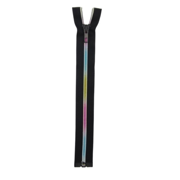 Reißverschluss für Jacken, schwarz mit Spirale in metallisierten Regenbogenfarben
